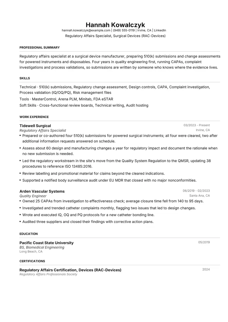 Medical Devices resume template sample in FAANGPath, page 1: fictional Regulatory Affairs Specialist, Surgical Devices (RAC-Devices)