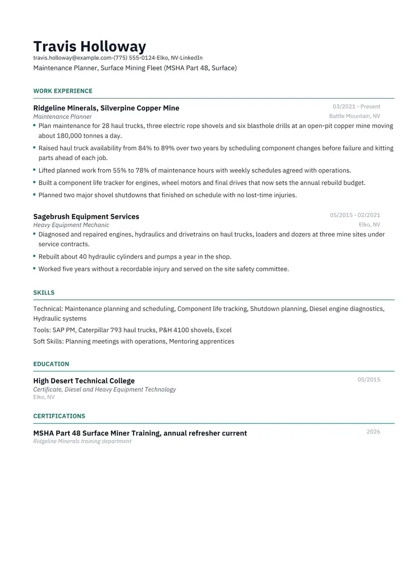 Mining resume template sample in Catalyst, page 1: fictional Maintenance Planner, Surface Mining Fleet (MSHA Part 48, Surface)