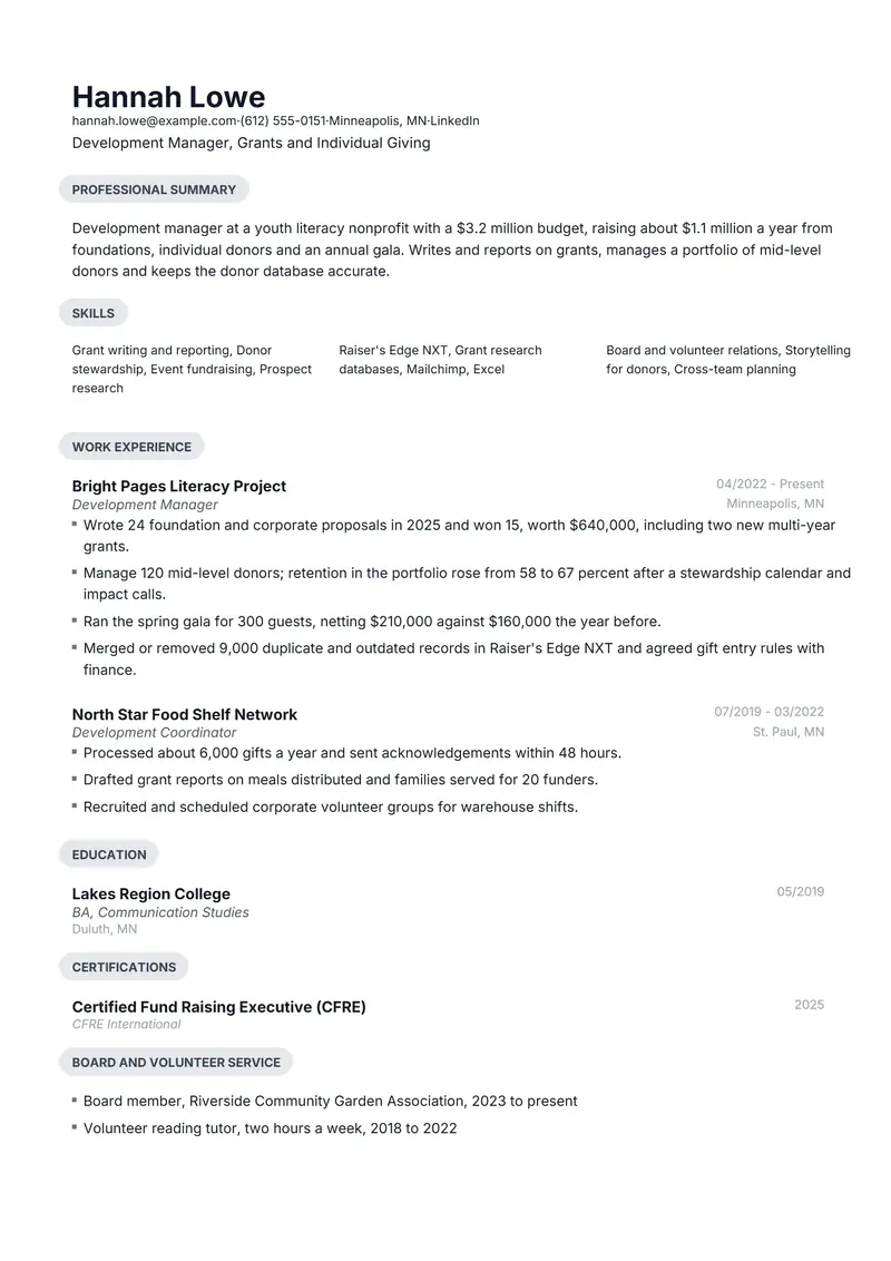 Nonprofit resume template sample in Daniel, page 1: fictional Development Manager, Grants and Individual Giving