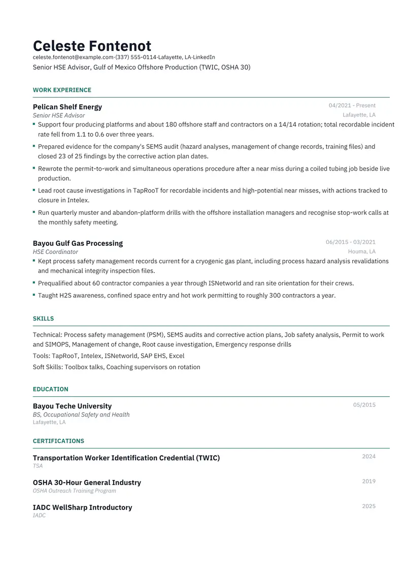 Oil and Gas resume template sample in Catalyst, page 1: fictional Senior HSE Advisor, Gulf of Mexico Offshore Production (TWIC, OSHA 30)