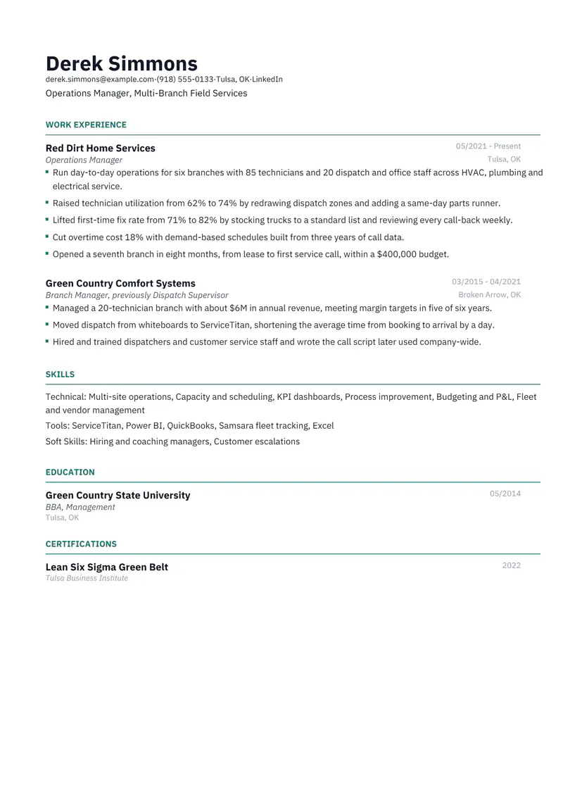 Operations resume template sample in Catalyst, page 1: fictional Operations Manager, Multi-Branch Field Services