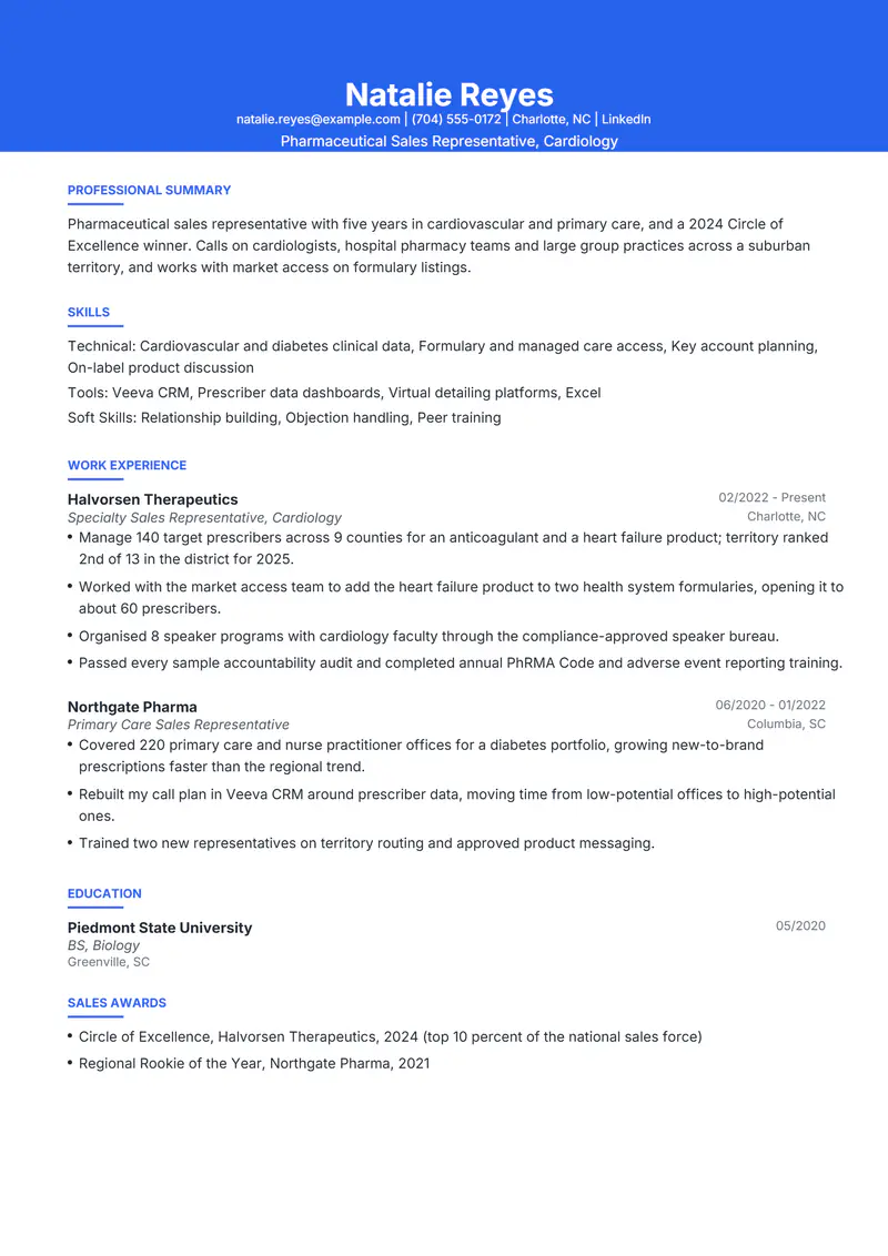 Pharmaceutical resume template sample in Olivia, page 1: fictional Pharmaceutical Sales Representative, Cardiology