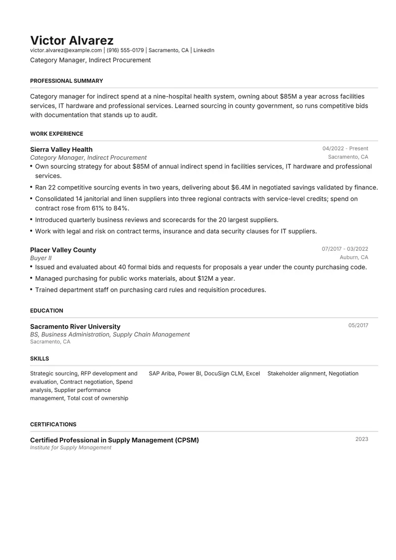 Procurement resume template sample in Henrietta, page 1: fictional Category Manager, Indirect Procurement