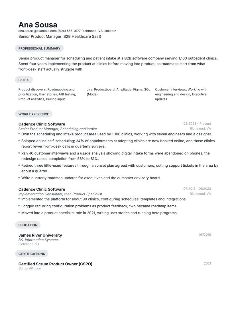 Product Management resume template sample in Daniel, page 1: fictional Senior Product Manager, B2B Healthcare SaaS