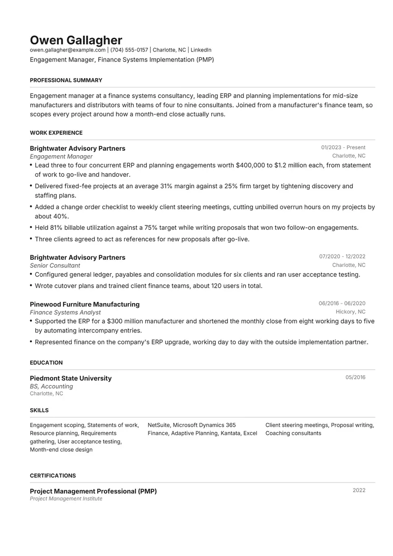 Professional Services resume template sample in Henrietta, page 1: fictional Engagement Manager, Finance Systems Implementation (PMP)