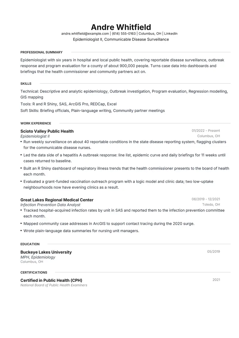 Public Health resume template sample in Meridian, page 1: fictional Epidemiologist II, Communicable Disease Surveillance