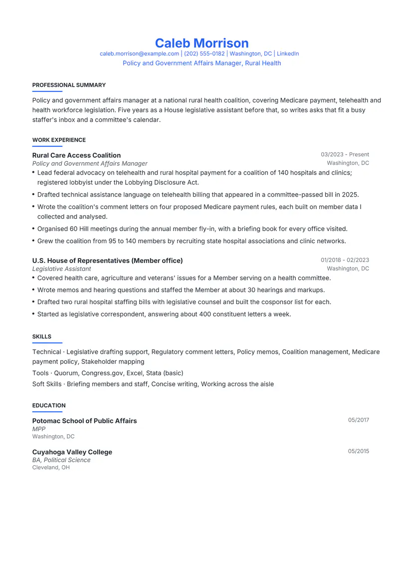 Public Policy resume template sample in Leslie, page 1: fictional Policy and Government Affairs Manager, Rural Health