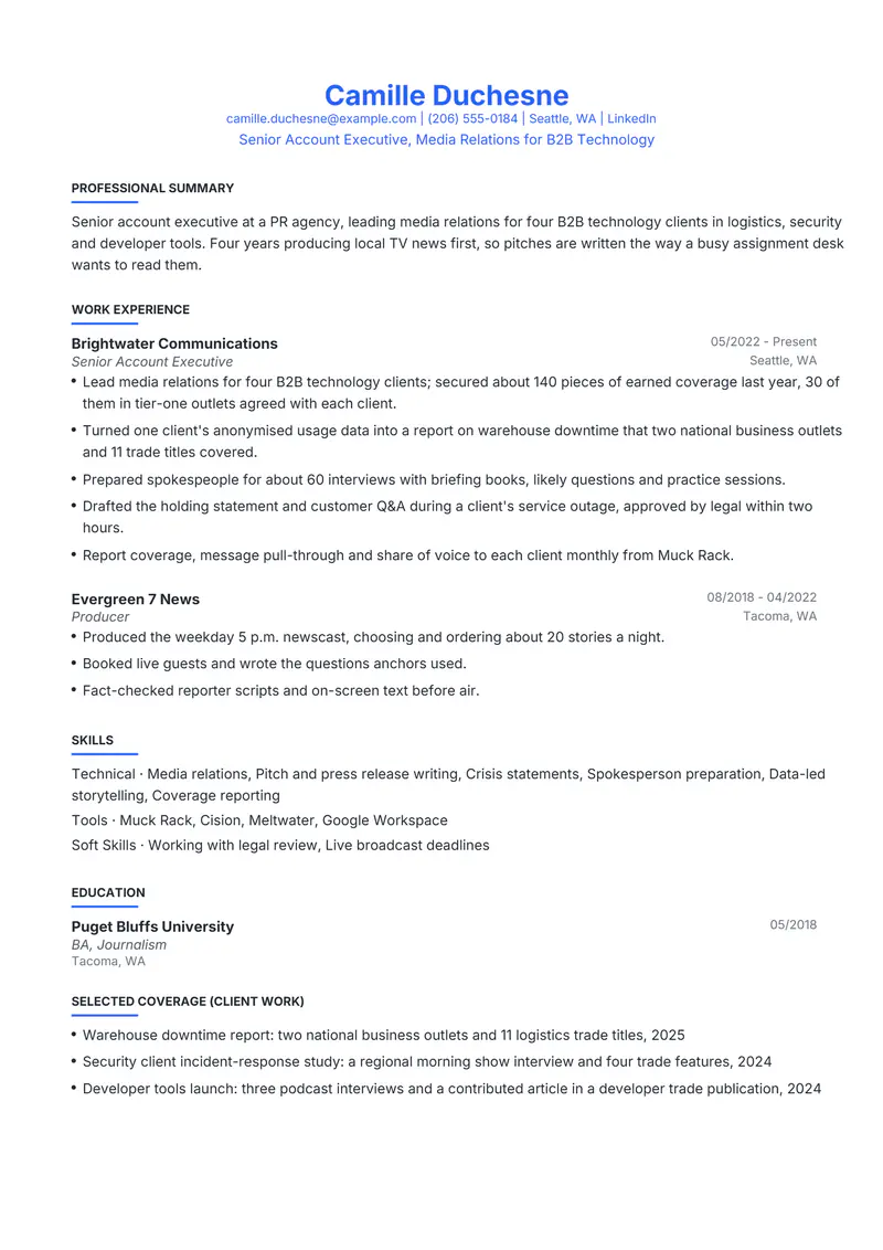 Public Relations resume template sample in Leslie, page 1: fictional Senior Account Executive, Media Relations for B2B Technology