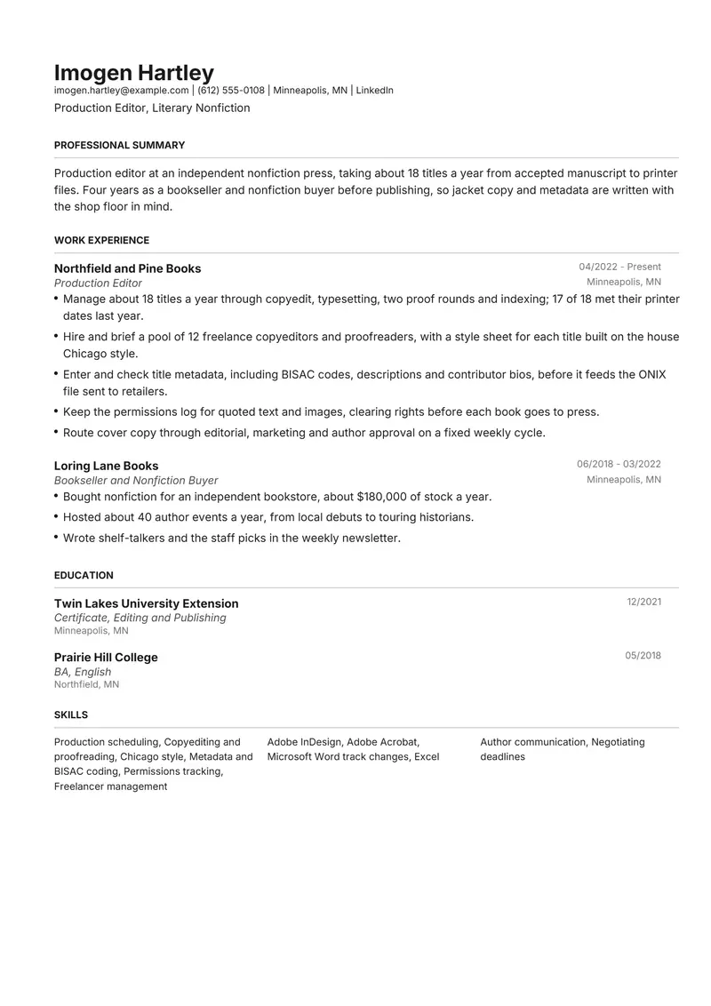 Publishing resume template sample in Henrietta, page 1: fictional Production Editor, Literary Nonfiction