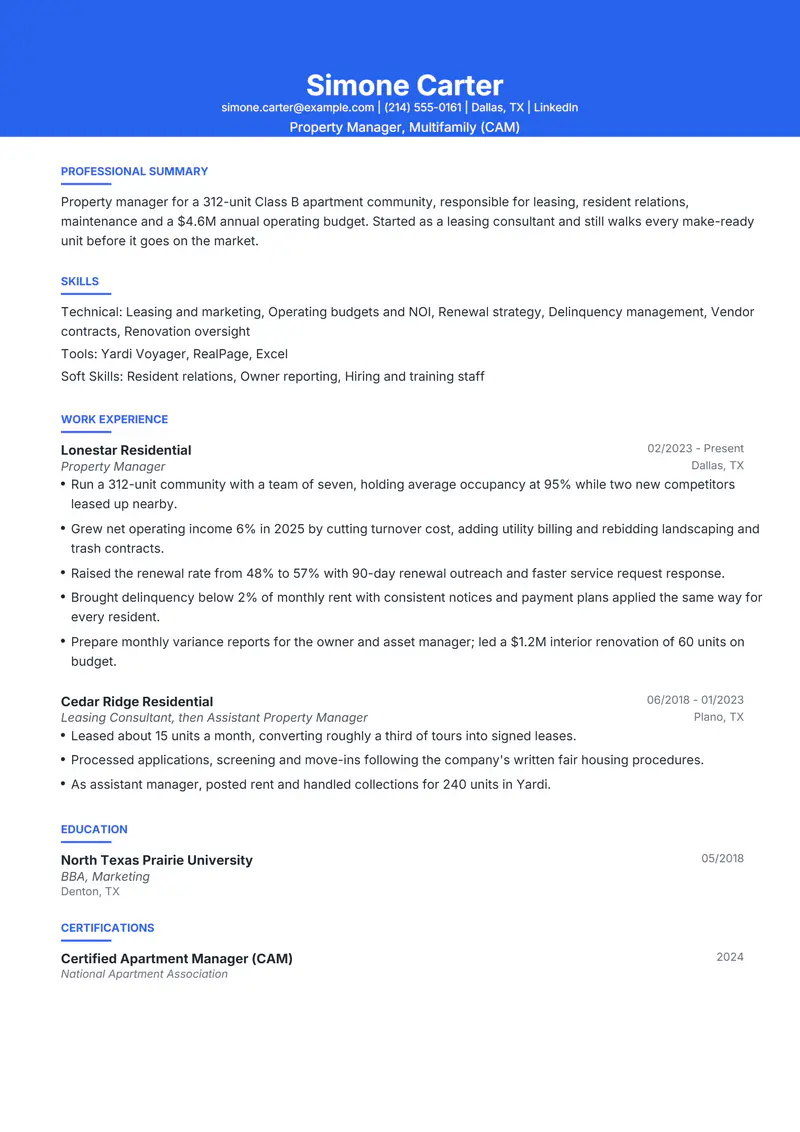 Real Estate resume template sample in Olivia, page 1: fictional Property Manager, Multifamily (CAM)