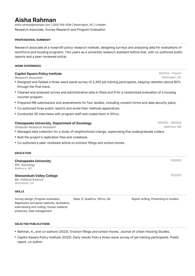 Research resume template sample in Henrietta, page 1: fictional Research Associate, Survey Research and Program Evaluation