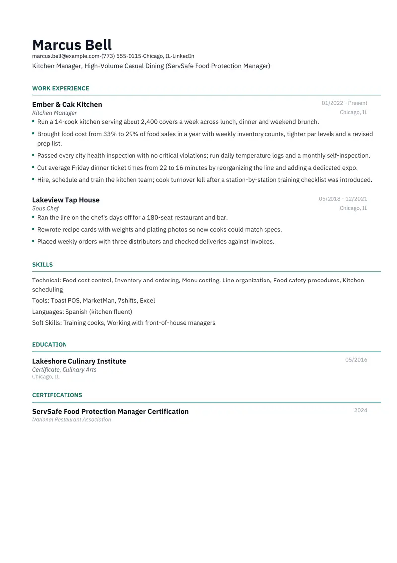 Restaurant resume template sample in Catalyst, page 1: fictional Kitchen Manager, High-Volume Casual Dining (ServSafe Food Protection Manager)