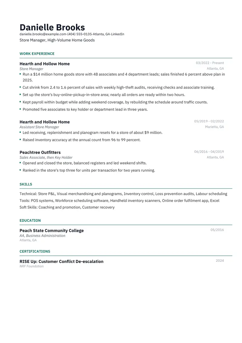 Retail resume template sample in Catalyst, page 1: fictional Store Manager, High-Volume Home Goods