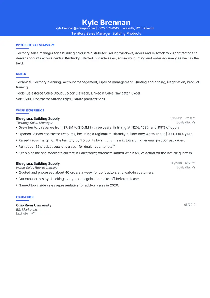 Sales resume template sample in Olivia, page 1: fictional Territory Sales Manager, Building Products