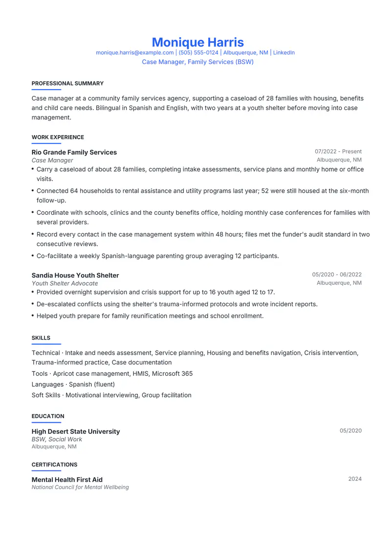 Social Services resume template sample in Leslie, page 1: fictional Case Manager, Family Services (BSW)