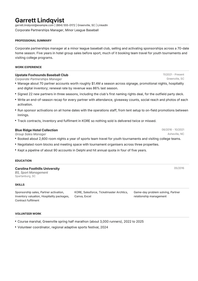 Sports resume template sample in Henrietta, page 1: fictional Corporate Partnerships Manager, Minor League Baseball