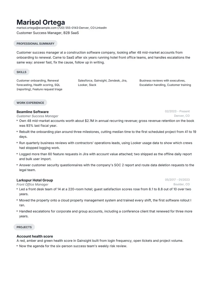 Technology resume template sample in Daniel, page 1: fictional Customer Success Manager, B2B SaaS
