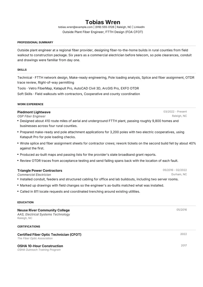 Telecommunications resume template sample in FAANGPath, page 1: fictional Outside Plant Fiber Engineer, FTTH Design (FOA CFOT)