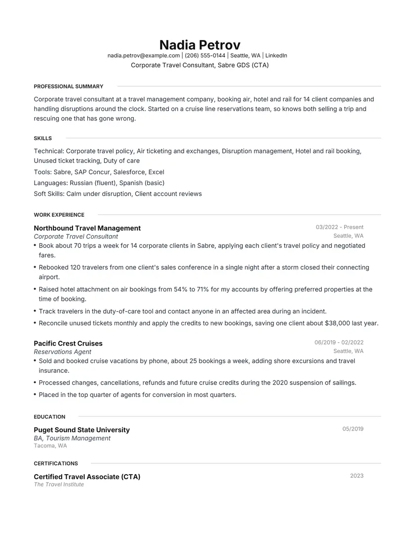 Travel and Tourism resume template sample in Meridian, page 1: fictional Corporate Travel Consultant, Sabre GDS (CTA)