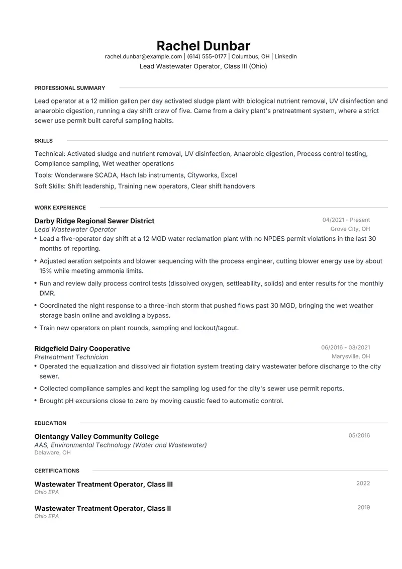 Water and Wastewater resume template sample in Meridian, page 1: fictional Lead Wastewater Operator, Class III (Ohio)