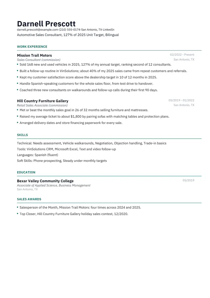 Commission-based resume template sample in Catalyst, page 1: fictional Automotive Sales Consultant, 127% of 2025 Unit Target, Bilingual