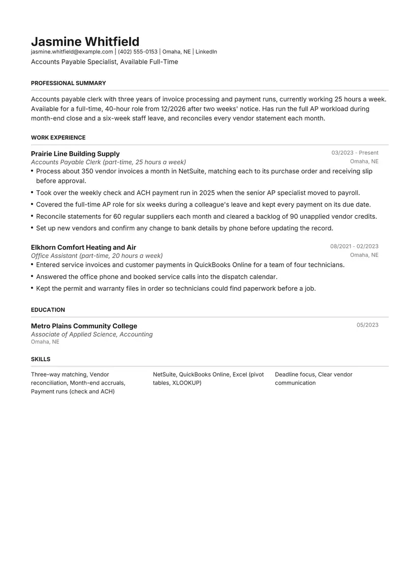 Full-time resume template sample in Henrietta, page 1: fictional Accounts Payable Specialist, Available Full-Time