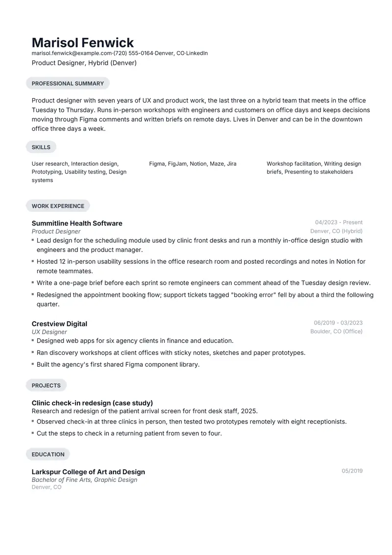 Hybrid resume template sample in Daniel, page 1: fictional Product Designer, Hybrid (Denver)