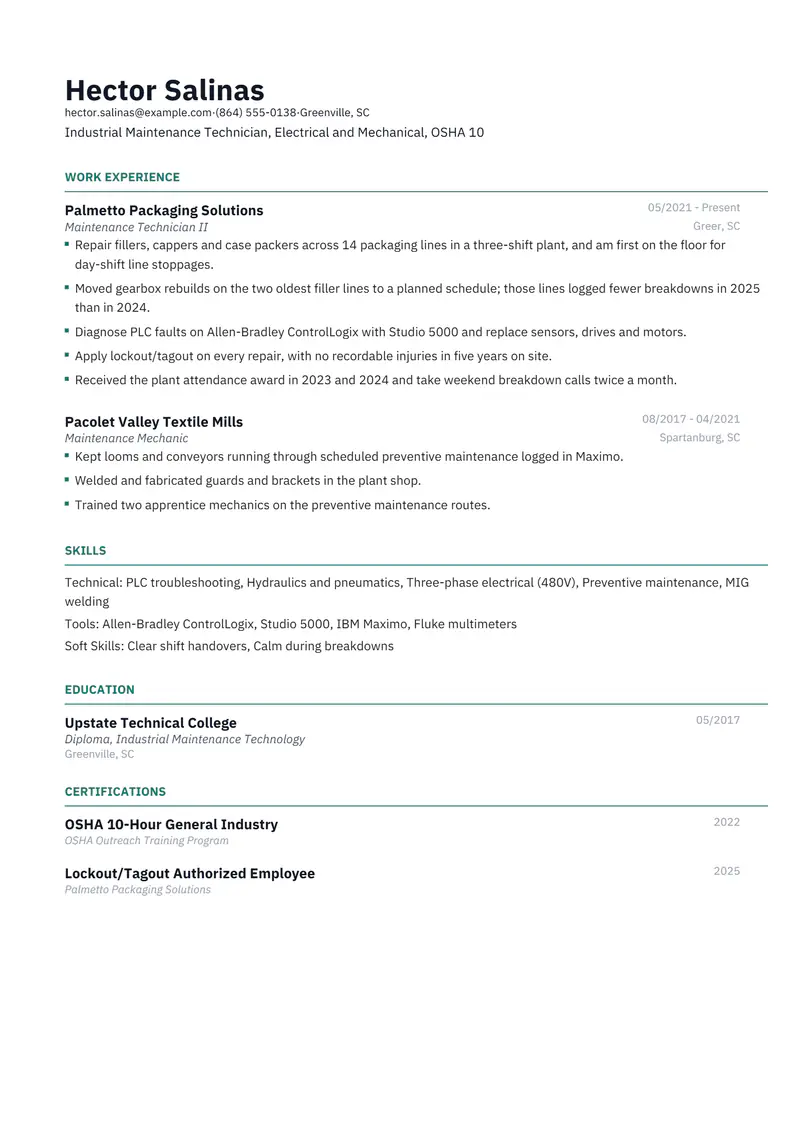 On-site resume template sample in Catalyst, page 1: fictional Industrial Maintenance Technician, Electrical and Mechanical, OSHA 10