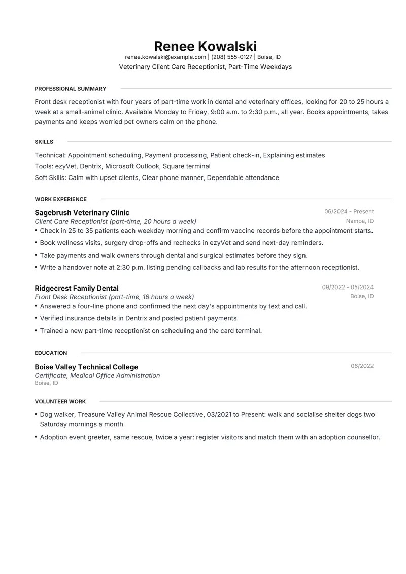 Part-time resume template sample in Meridian, page 1: fictional Veterinary Client Care Receptionist, Part-Time Weekdays