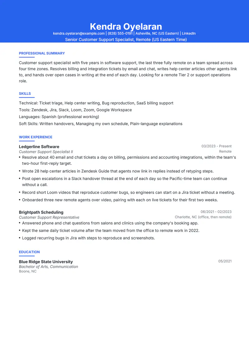 Remote resume template sample in Olivia, page 1: fictional Senior Customer Support Specialist, Remote (US Eastern Time)