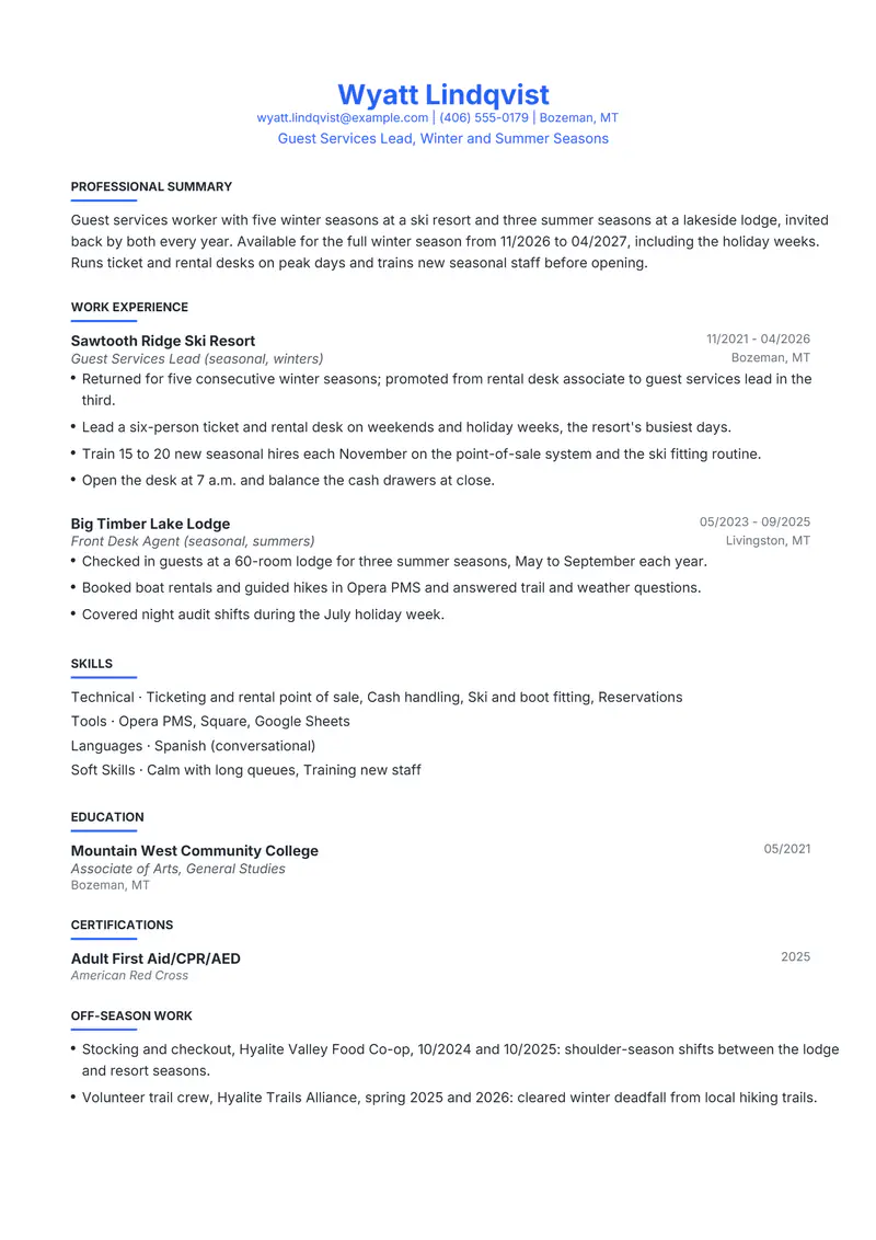 Seasonal resume template sample in Leslie, page 1: fictional Guest Services Lead, Winter and Summer Seasons