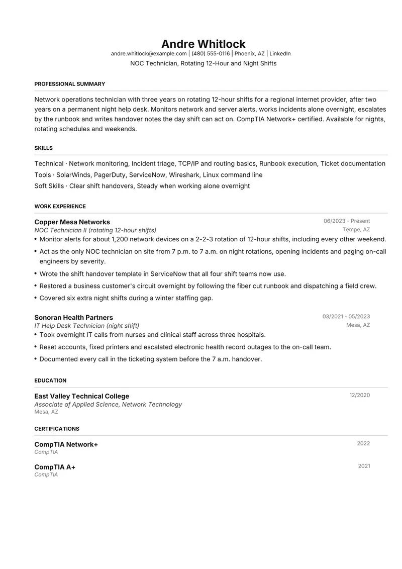 Shift work resume template sample in FAANGPath, page 1: fictional NOC Technician, Rotating 12-Hour and Night Shifts