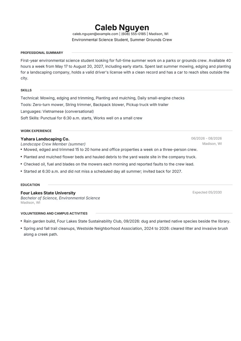 Summer job resume template sample in Meridian, page 1: fictional Environmental Science Student, Summer Grounds Crew