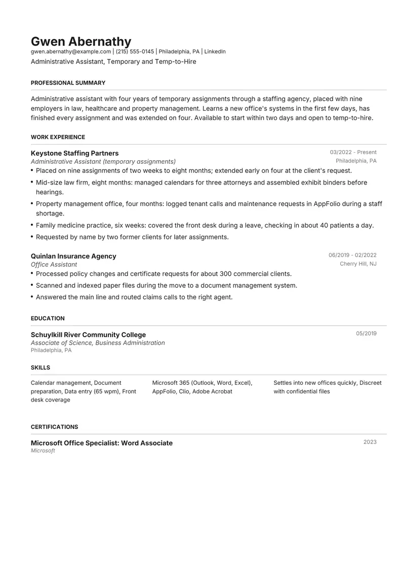 Temporary resume template sample in Henrietta, page 1: fictional Administrative Assistant, Temporary and Temp-to-Hire