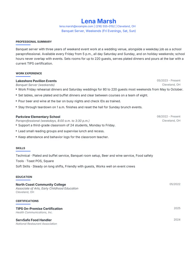 Weekend job resume template sample in Leslie, page 1: fictional Banquet Server, Weekends (Fri Evenings, Sat, Sun)