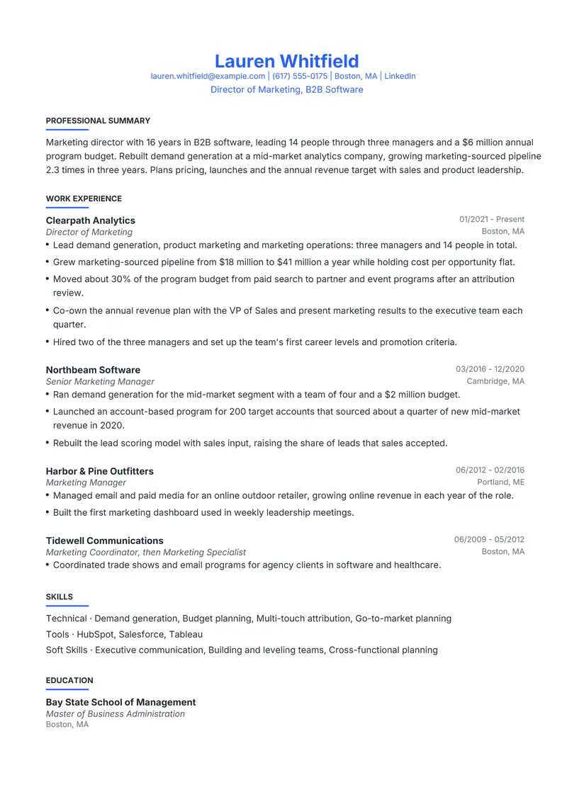 Director and VP resume template sample in Leslie, page 1: fictional Director of Marketing, B2B Software
