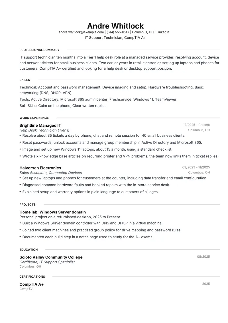 Entry level resume template sample in Meridian, page 1: fictional IT Support Technician, CompTIA A+