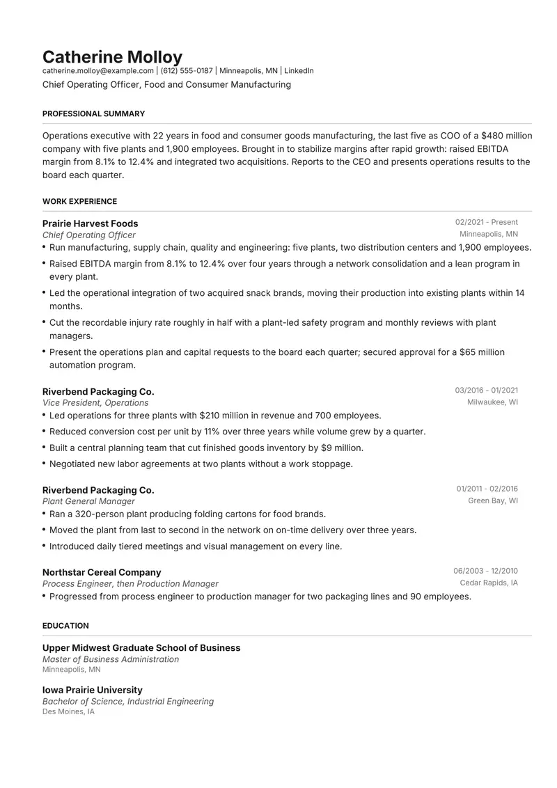 Executive resume template sample in Henrietta, page 1: fictional Chief Operating Officer, Food and Consumer Manufacturing
