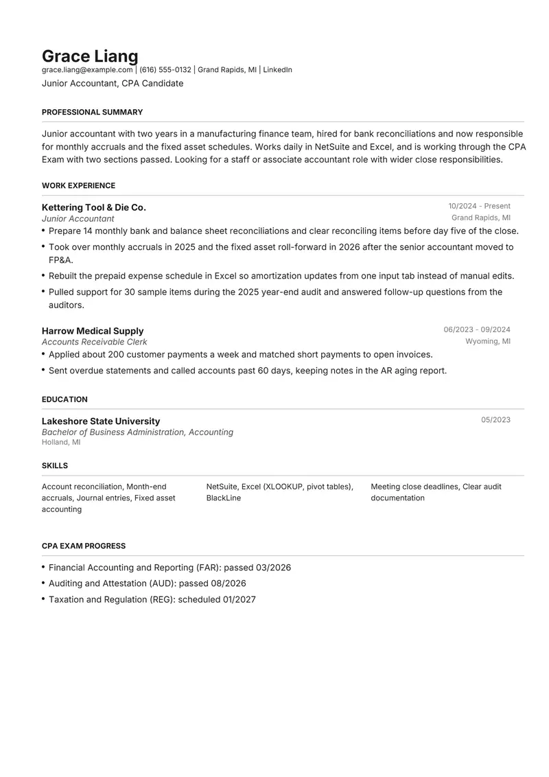 Junior and associate resume template sample in Henrietta, page 1: fictional Junior Accountant, CPA Candidate