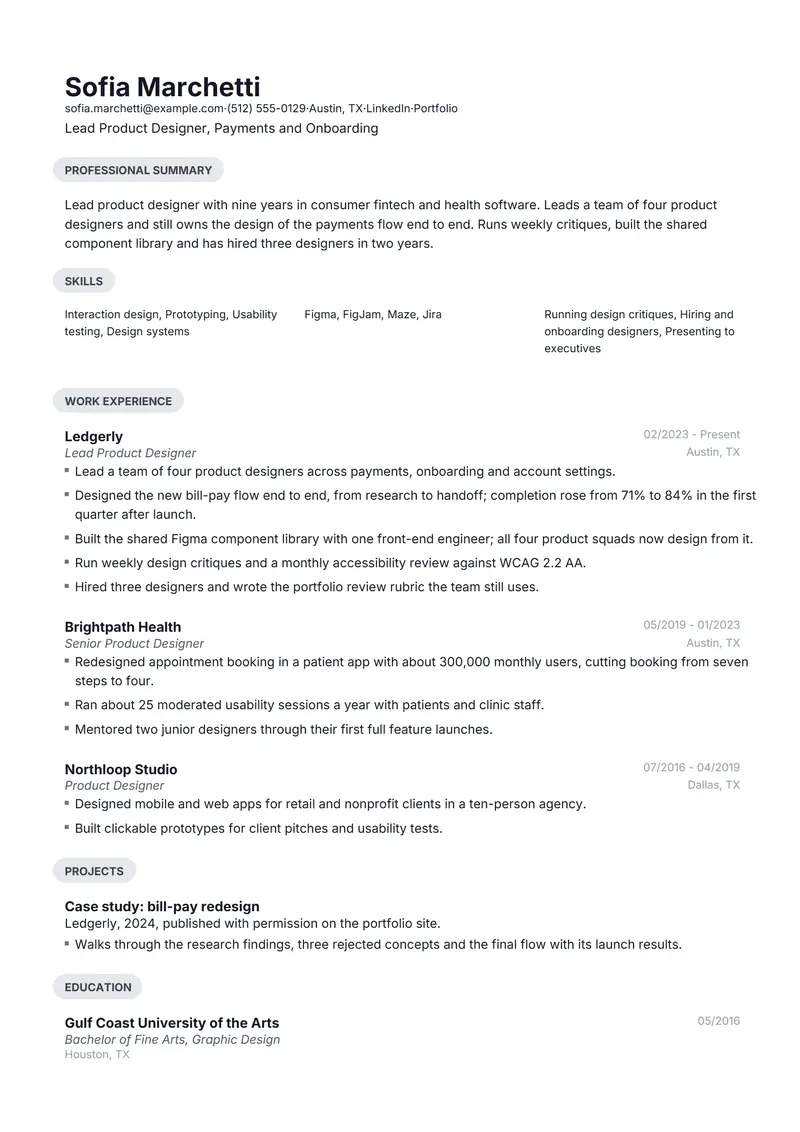 Lead resume template sample in Daniel, page 1: fictional Lead Product Designer, Payments and Onboarding
