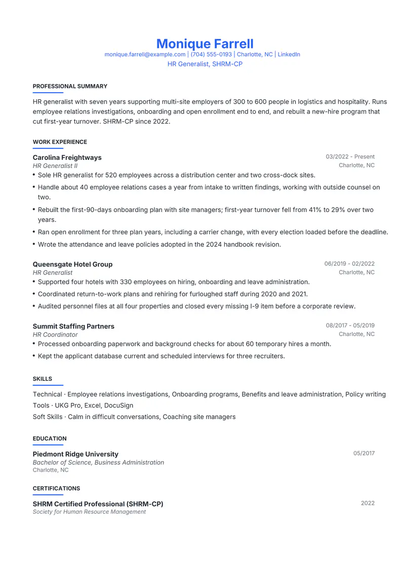 Mid level resume template sample in Leslie, page 1: fictional HR Generalist, SHRM-CP