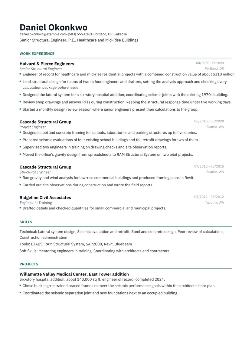 Senior resume template sample in Catalyst, page 1: fictional Senior Structural Engineer, P.E., Healthcare and Mid-Rise Buildings