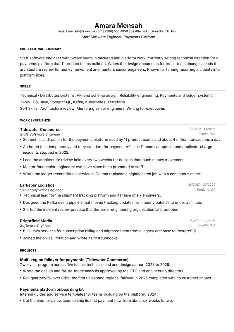 Staff and principal resume template sample in FAANGPath, page 1: fictional Staff Software Engineer, Payments Platform