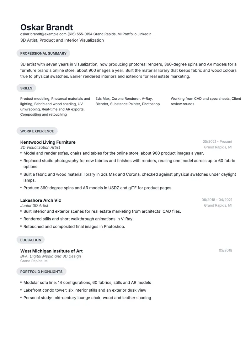 3D Artist resume template sample in Daniel, page 1: fictional 3D Artist, Product and Interior Visualization