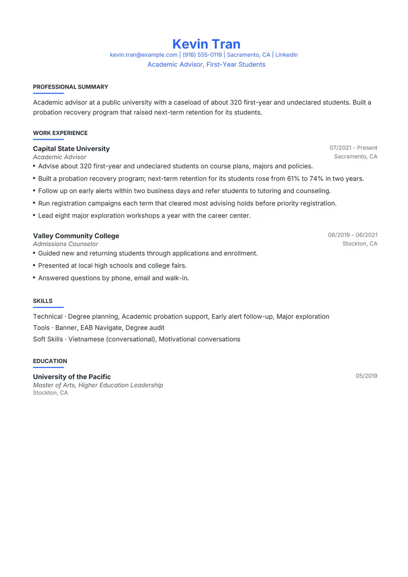 Academic Advisor resume template sample in Leslie, page 1: fictional Academic Advisor, First-Year Students
