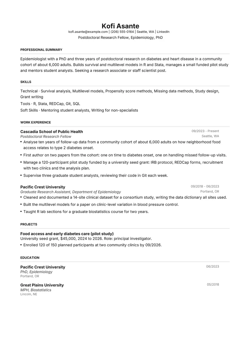 Academic Researcher resume template sample in FAANGPath, page 1: fictional Postdoctoral Research Fellow, Epidemiology, PhD