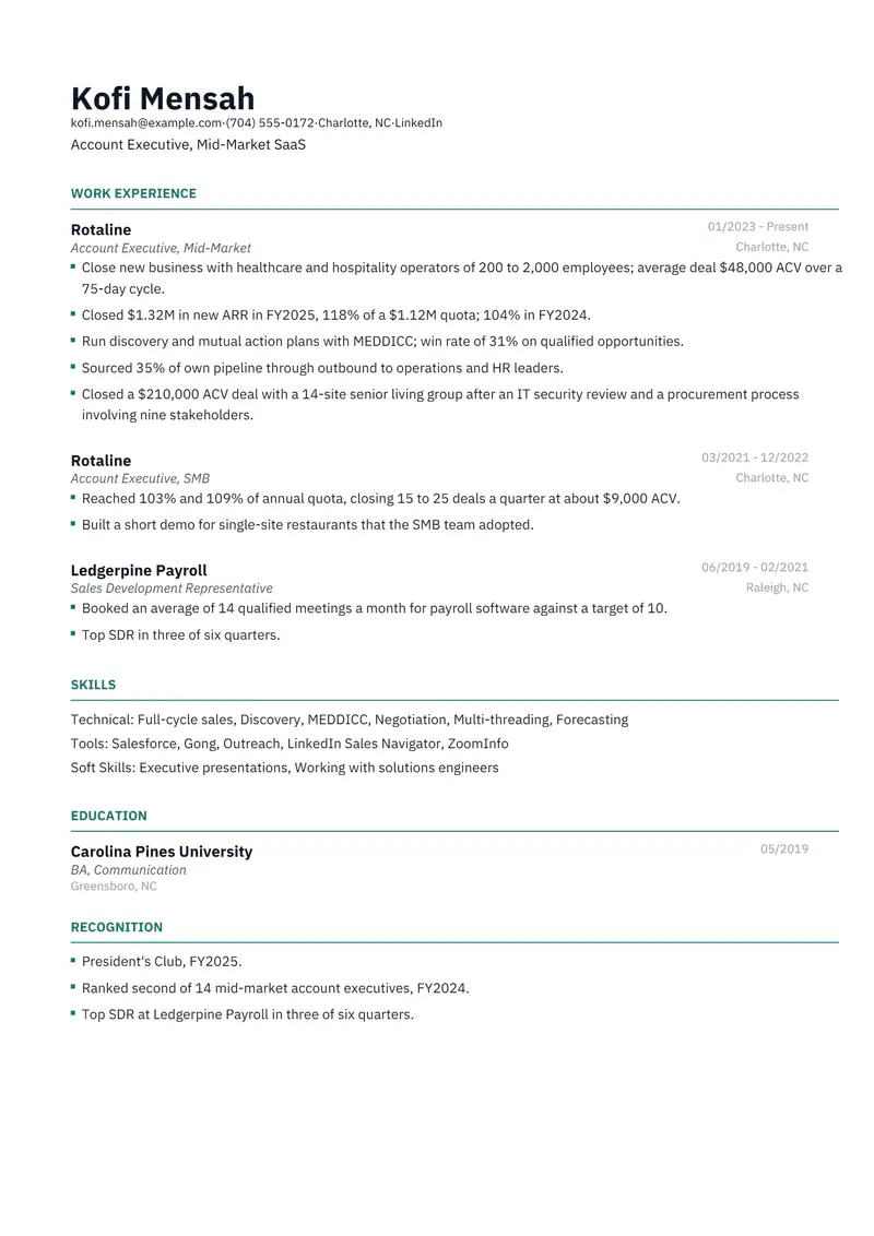 Account Executive resume template sample in Catalyst, page 1: fictional Account Executive, Mid-Market SaaS