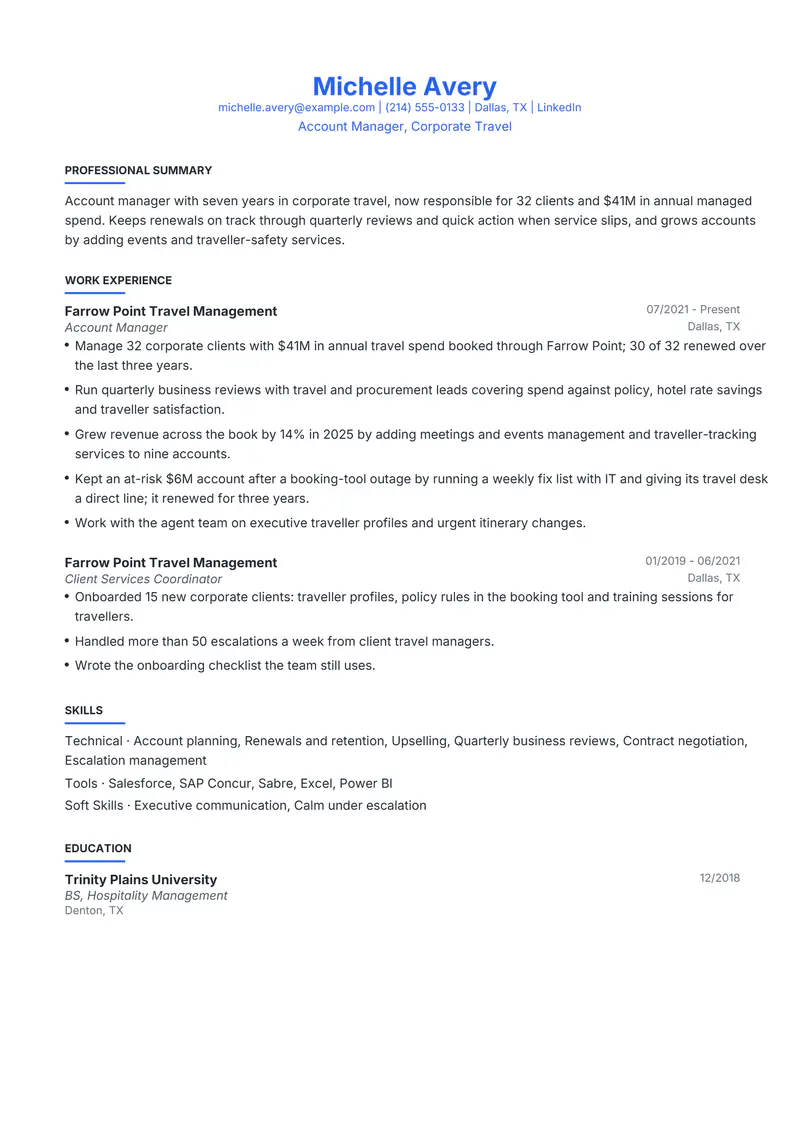 Account Manager resume template sample in Leslie, page 1: fictional Account Manager, Corporate Travel