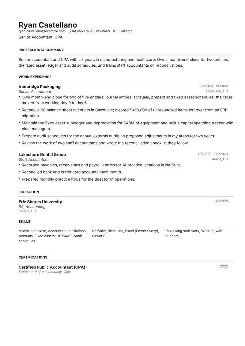 Accountant resume template sample in Henrietta, page 1: fictional Senior Accountant, CPA