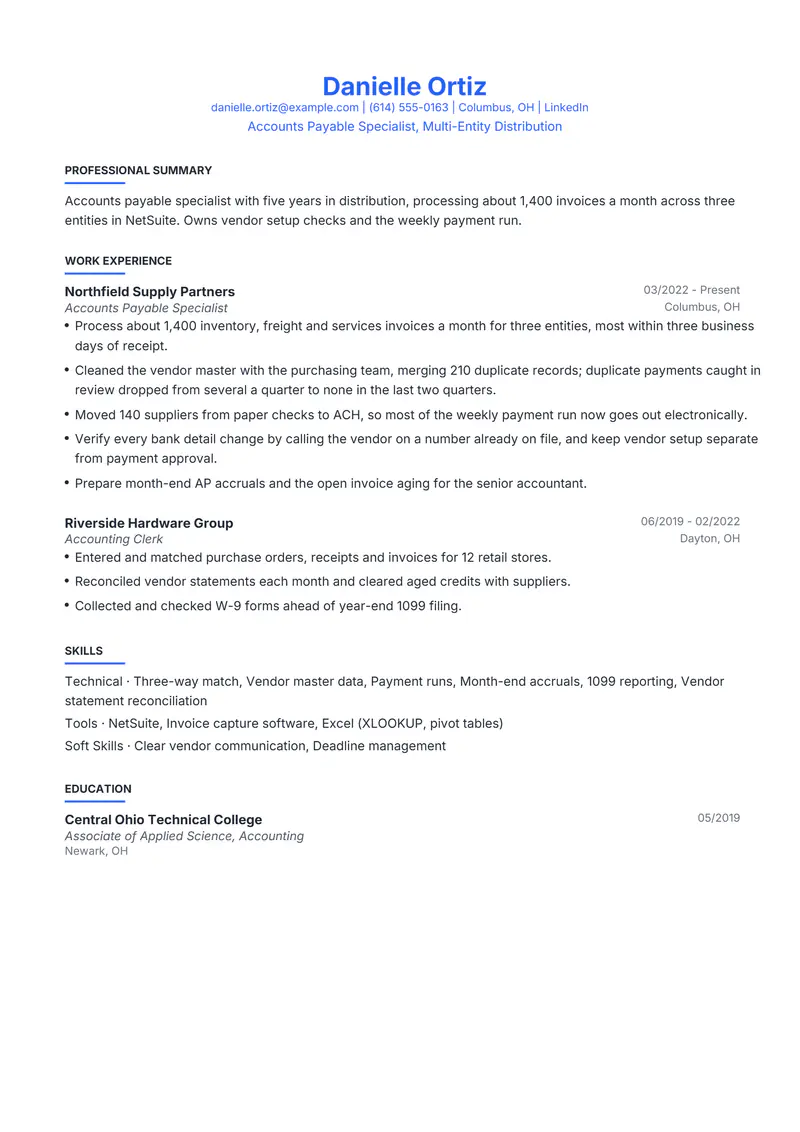 Accounts Payable Specialist resume template sample in Leslie, page 1: fictional Accounts Payable Specialist, Multi-Entity Distribution